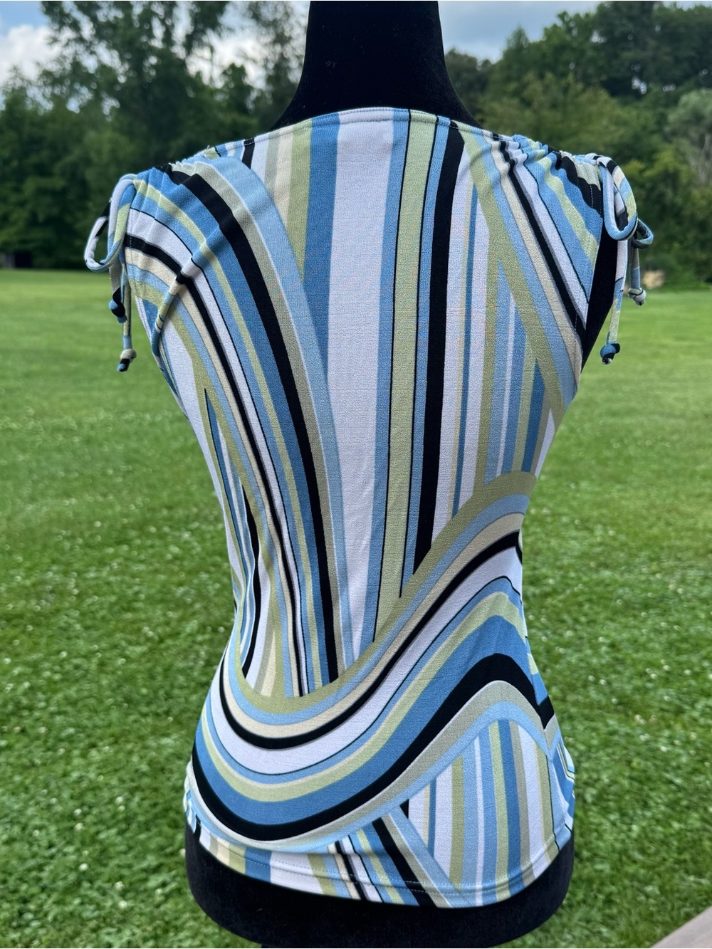 90s A. Byer One-Shoulder Striped Wrap Top in Blue, Green, Black - Picture 4 of 5